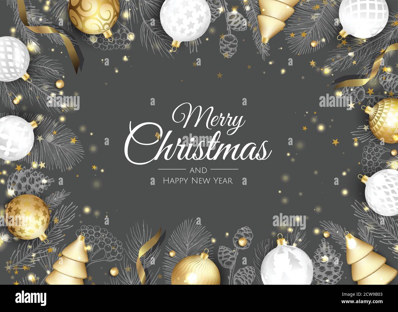 Merry Christmas greeting card with new years tree. Vector holiday ...