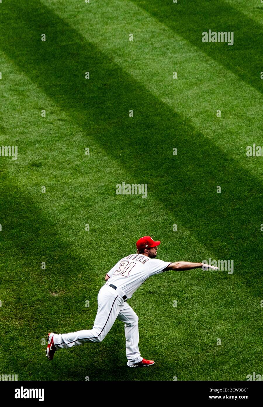 Washington Nationals pitcher Max scherzer works out in an empty baseball stadium Stock Photo