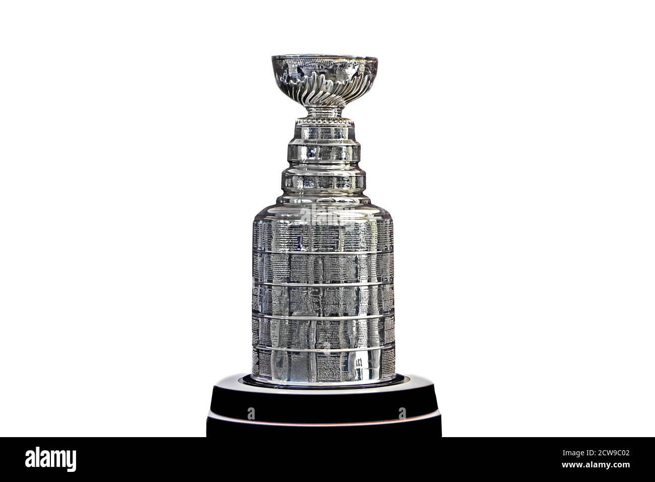 NHL Ceremony - Stanley cup trophy on the black stand, white background, Vancouver BC - October 22, 2017. Stock Photo