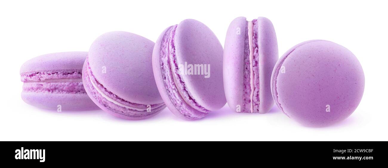 Five blueberry macaroons in a row isolated on white background Stock Photo