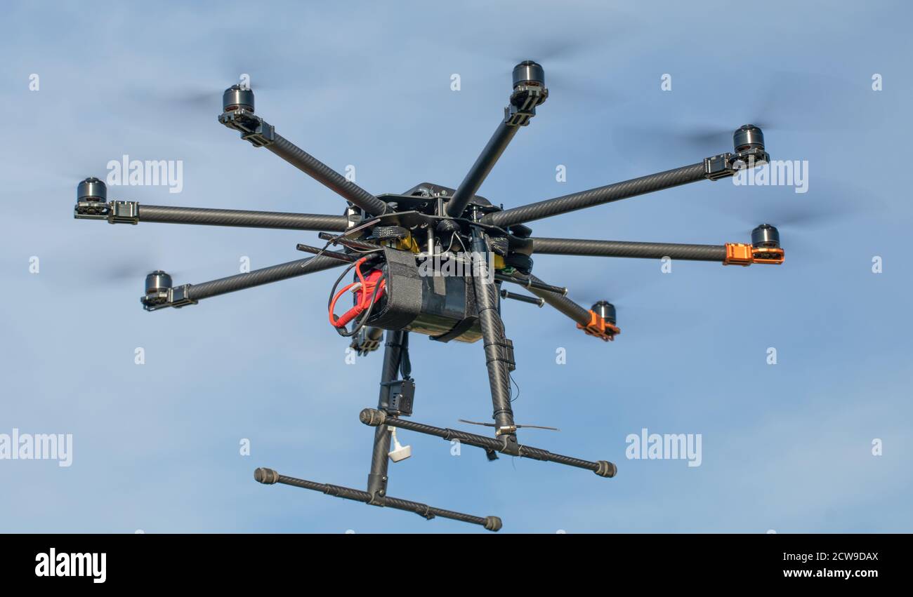 Big black homemade eight motor hexacopter on sky background Stock