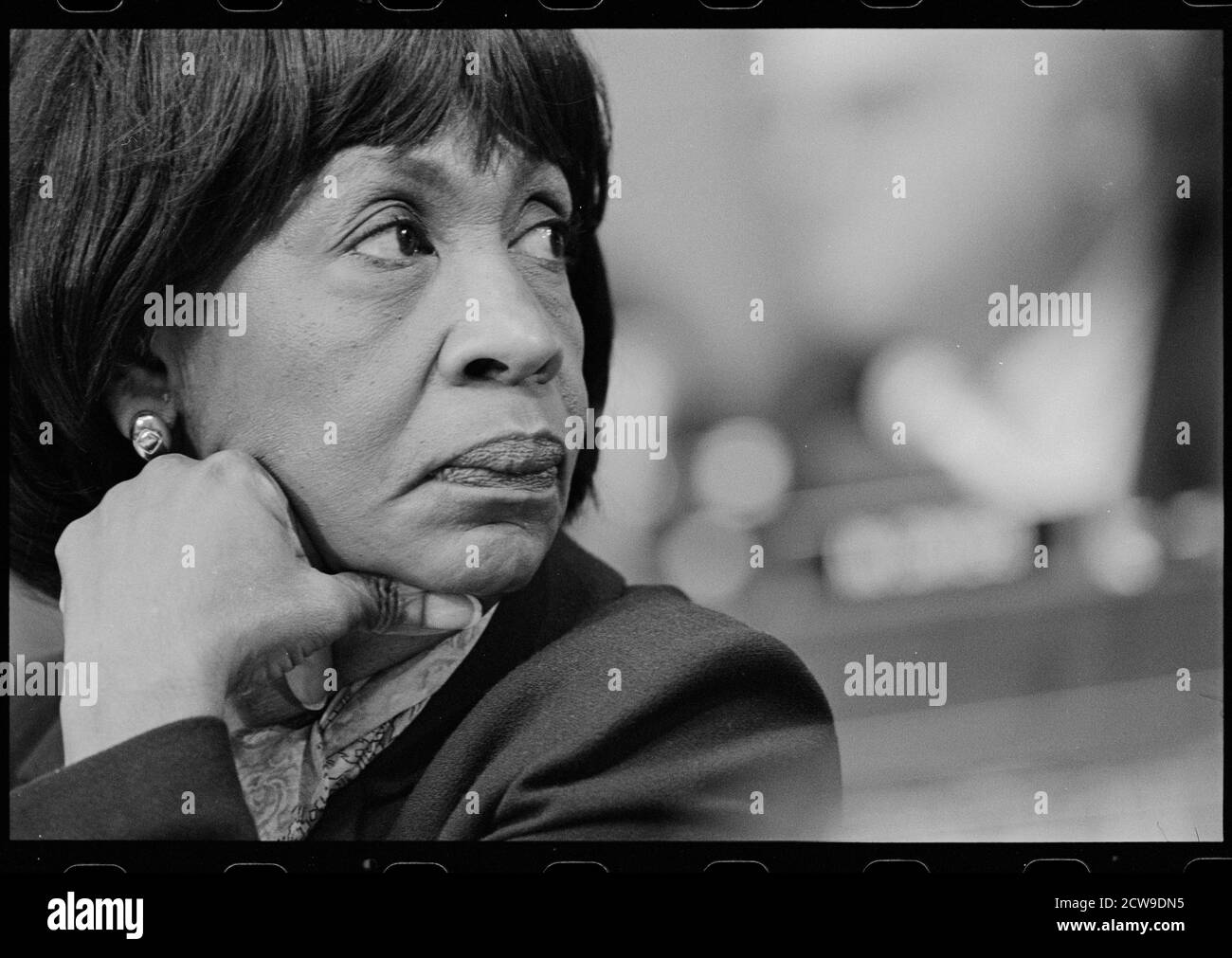 Representative Maxine Waters (D-CA) (b.1938), head-and-shoulders portrait, during a Judiciary Committee hearing related to the impeachment of President Bill Clinton, Washington, DC, 12/1998. (Photo by Rebecca Roth/CQ Roll Call Collection/RBM Vintage Images) Stock Photo
