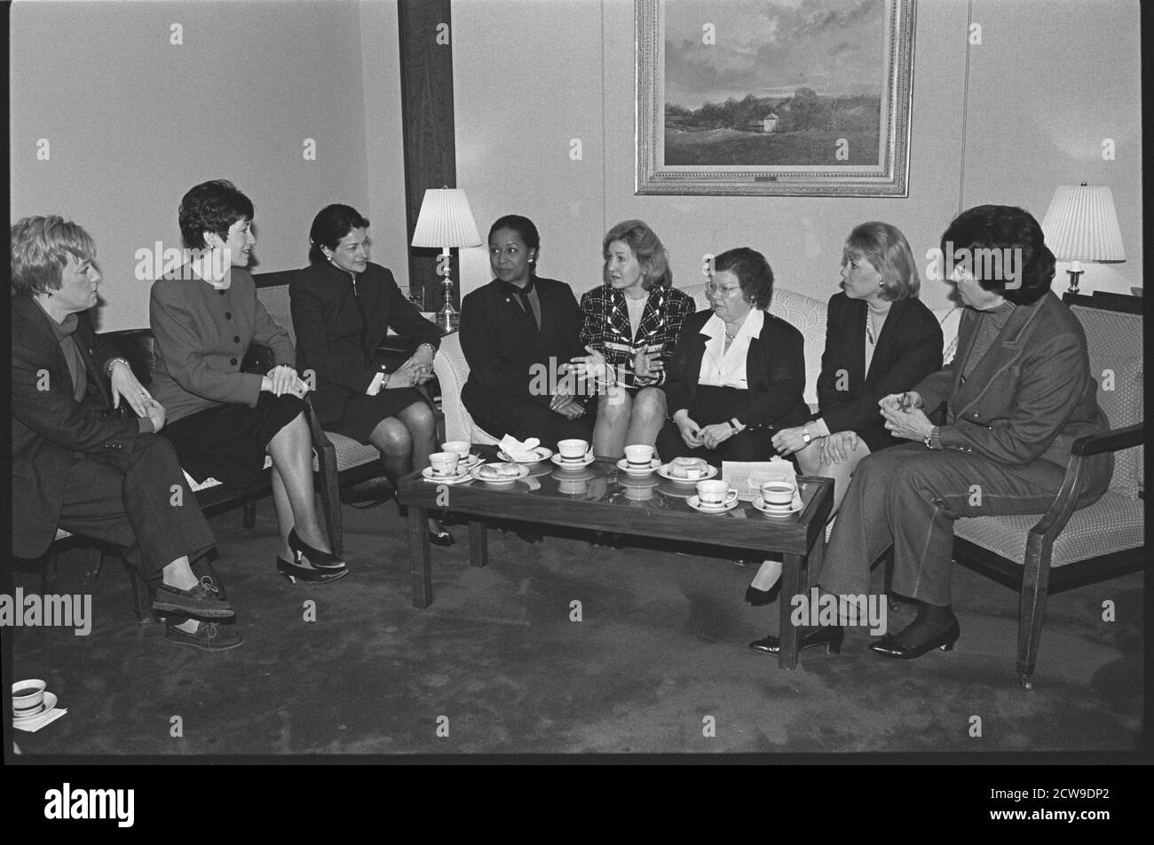 nformal group portrait of the female United States senators seated around a coffee table (left to right): Patty Murray (D-WA), Susan Collins (R-ME), Olympia Snowe (R-ME), Carol Moseley-Braun (D-IL), Kay Bailey Hutchinson (R-TX), Barbara Mikulski (D-MD), Mary Landrieu (D-LA) and Dianne Feinstein (D-CA), Washington, DC, January 1997. (Photo by Maureen Keating/CQ Roll Call Photograph Collection/RBM Vintage Images) Stock Photo