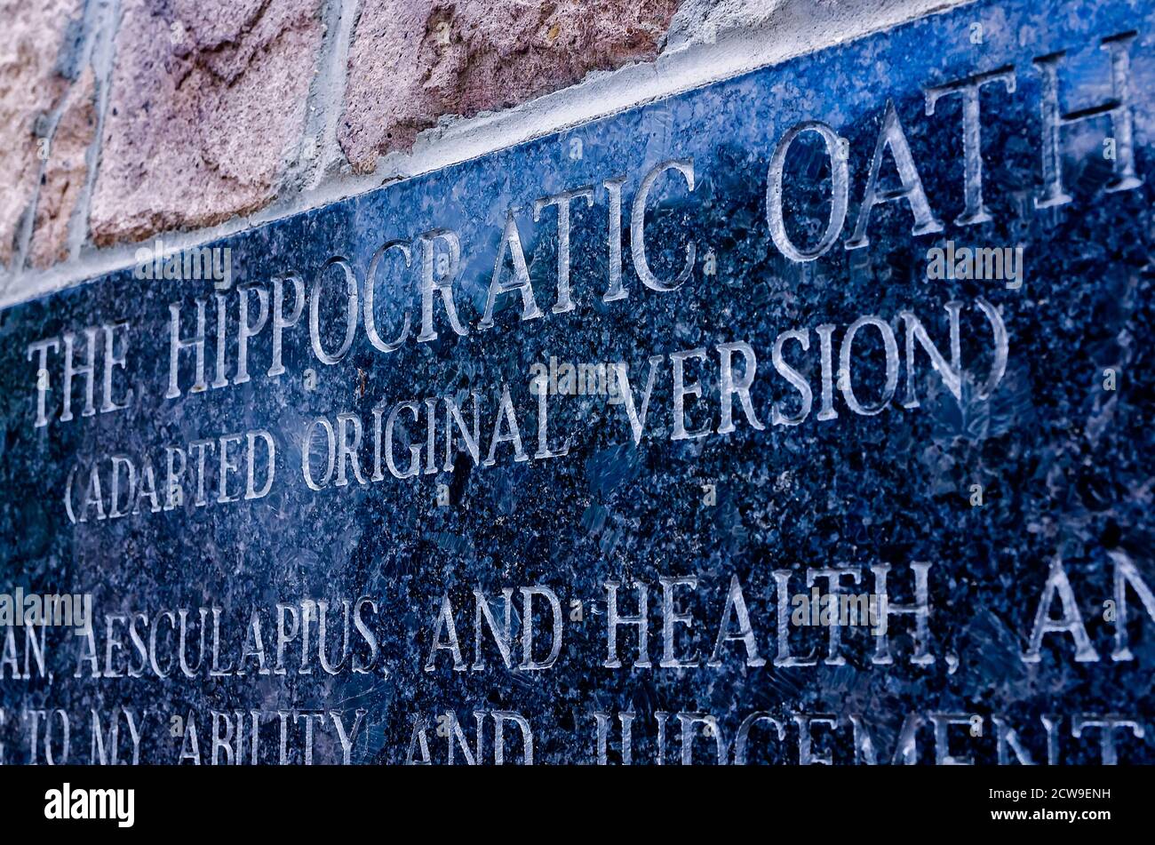 The Hippocratic Oath is printed on a wall at the University of South Alabama, Sept. 26, 2020, in Mobile, Alabama. Stock Photo