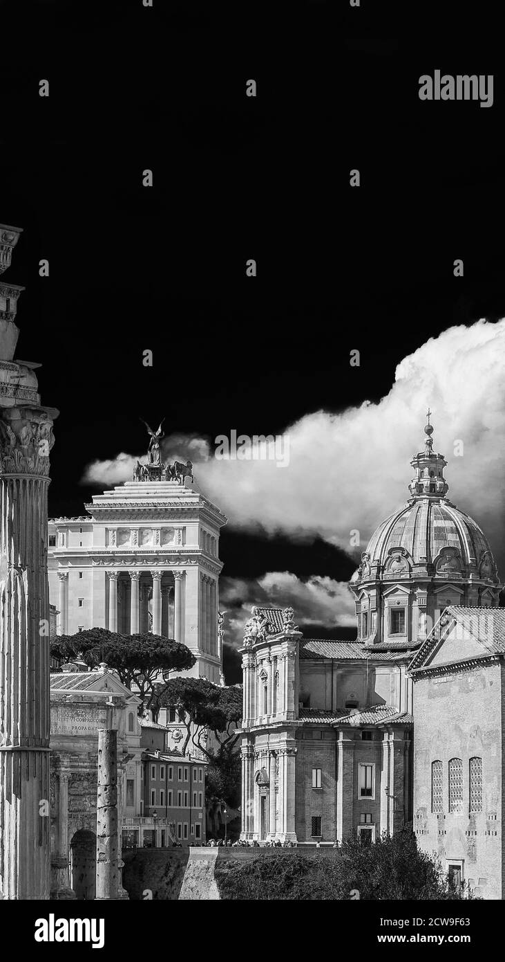 Ancient ruins, classical monuments and baroque church in the historic center of Rome (Black and White with copy space above) Stock Photo
