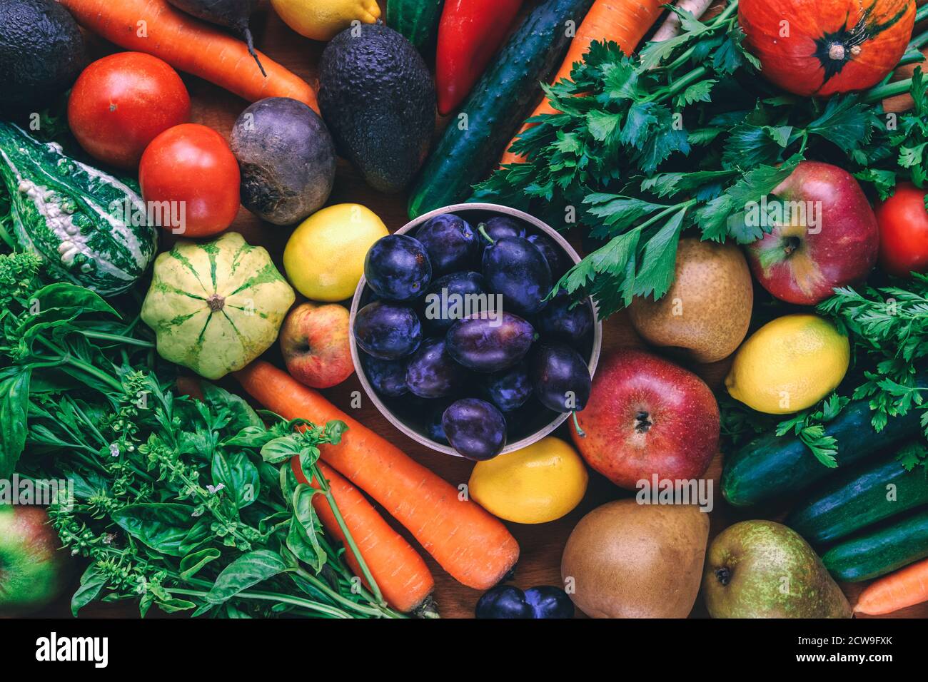 Organic fresh vegetables and fruits. Vegan healthy raw food background ...