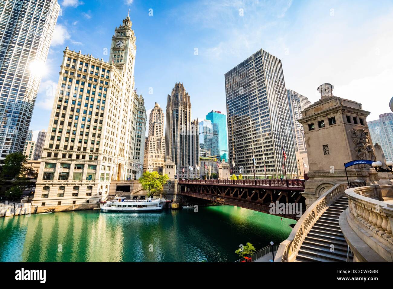 Beautiful View Of Chicago River Buildings Modern Architecture In Summer