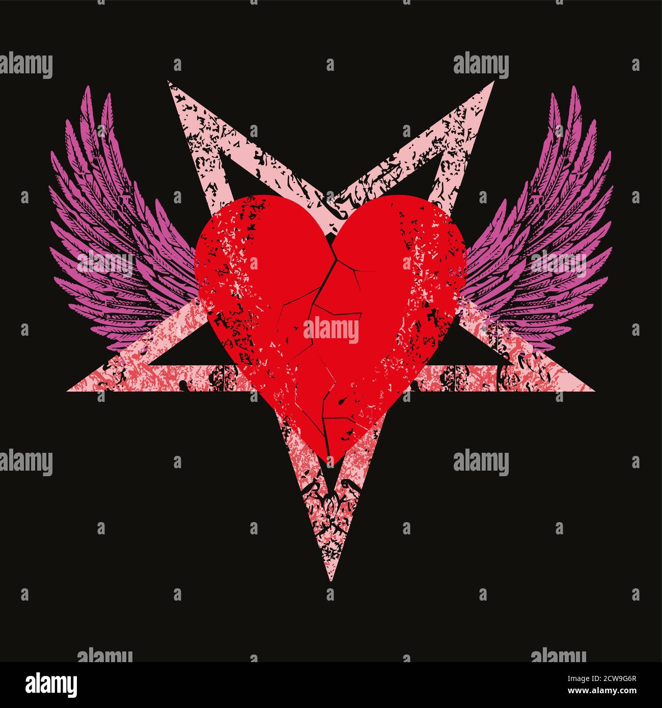 Vector illustration of a red heart on a winged pentagram on black