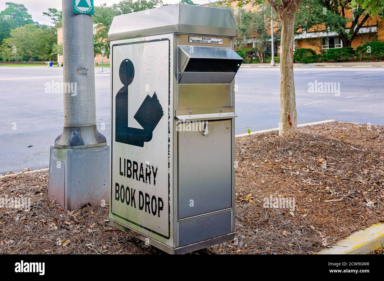 A library book drop offers an easy return of library books at the University of South Alabama, Sept. 26, 2020, in Mobile, Alabama. Stock Photo