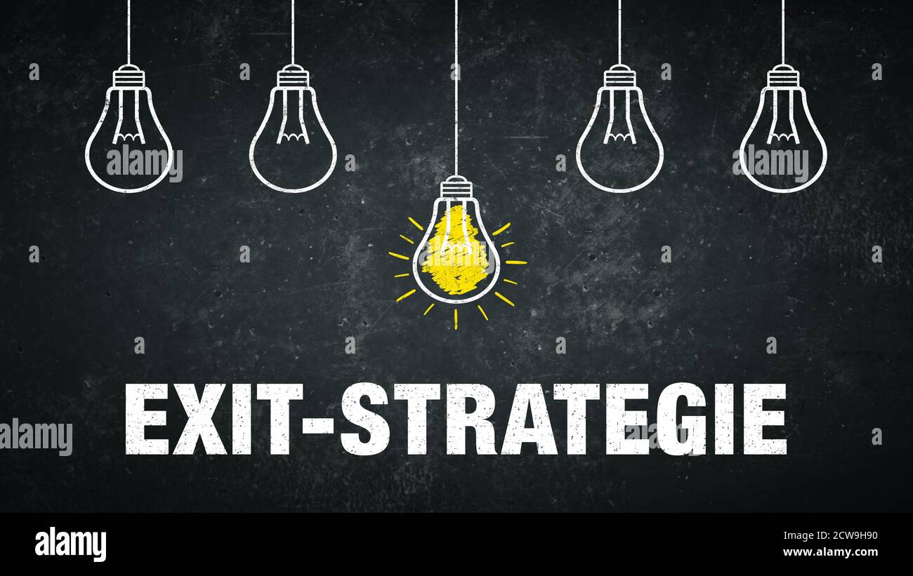 German term „Exit-Strategie“ on a blackboard with light bulbs. Translation: exit strategy. Stock Photo
