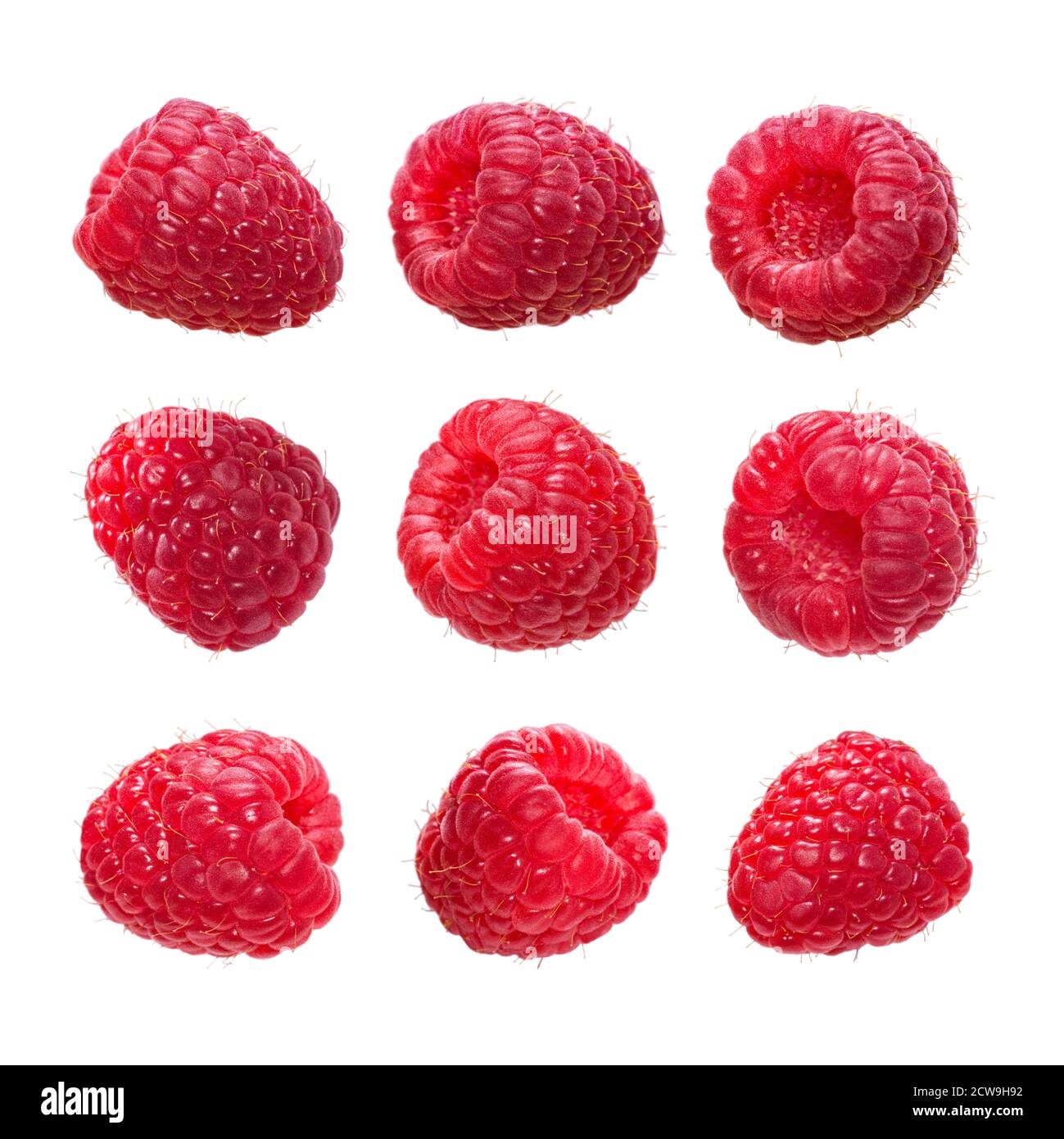 Large set of fresh ripe raspberry isolated on a white background. Macro ...