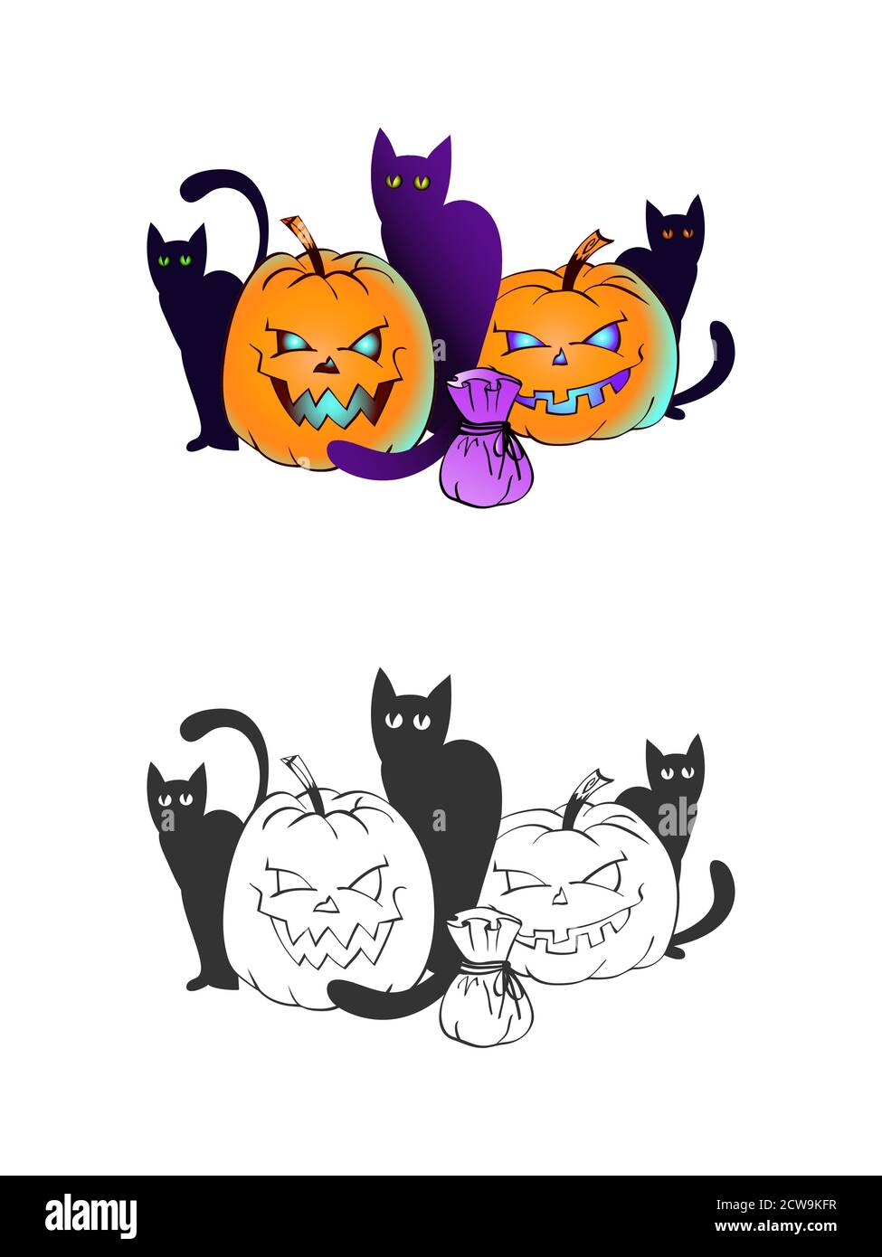 Halloween illustration with smiling Pumpkins and black cats on a white background. Two variant: color and monochrome. Page of coloring book. Vector. Stock Vector