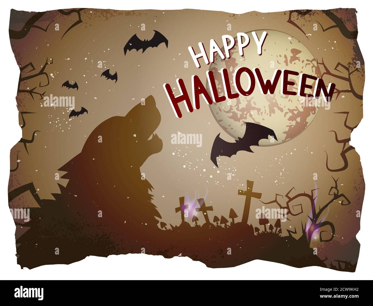 Vector Halloween illustration with howling wolf and hand drawn ...