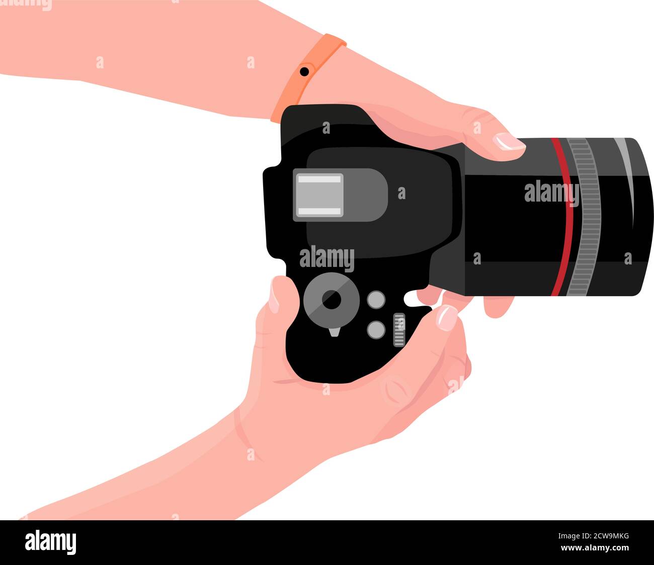 Hands with photo camera. First-person view. Copy space for your own pictures. Digital photo camera. Making photo for advertising, banner, poster, card Stock Vector