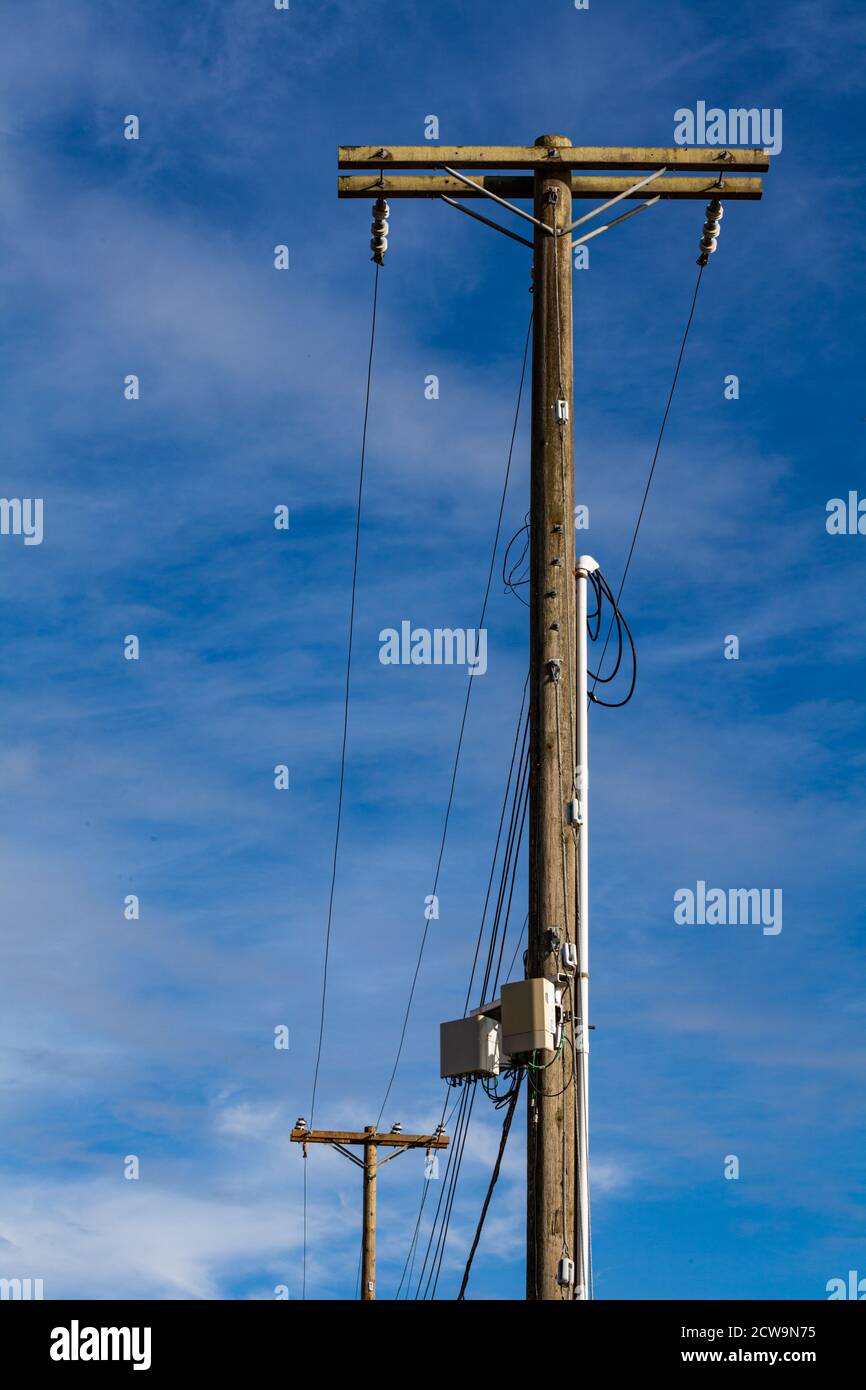 Abstract image of disconnected power lines mounted on a hydro pole in  Stevestom British Columbia Canada Stock Photo - Alamy