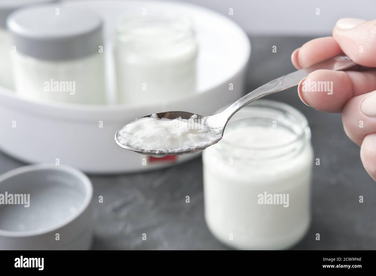female hand holding a spoon with kefir or yogurt made in automatic yoghurt making machine. fermented dairy product for kids. children healthy meal for gut health. first meal for child. Stock Photo