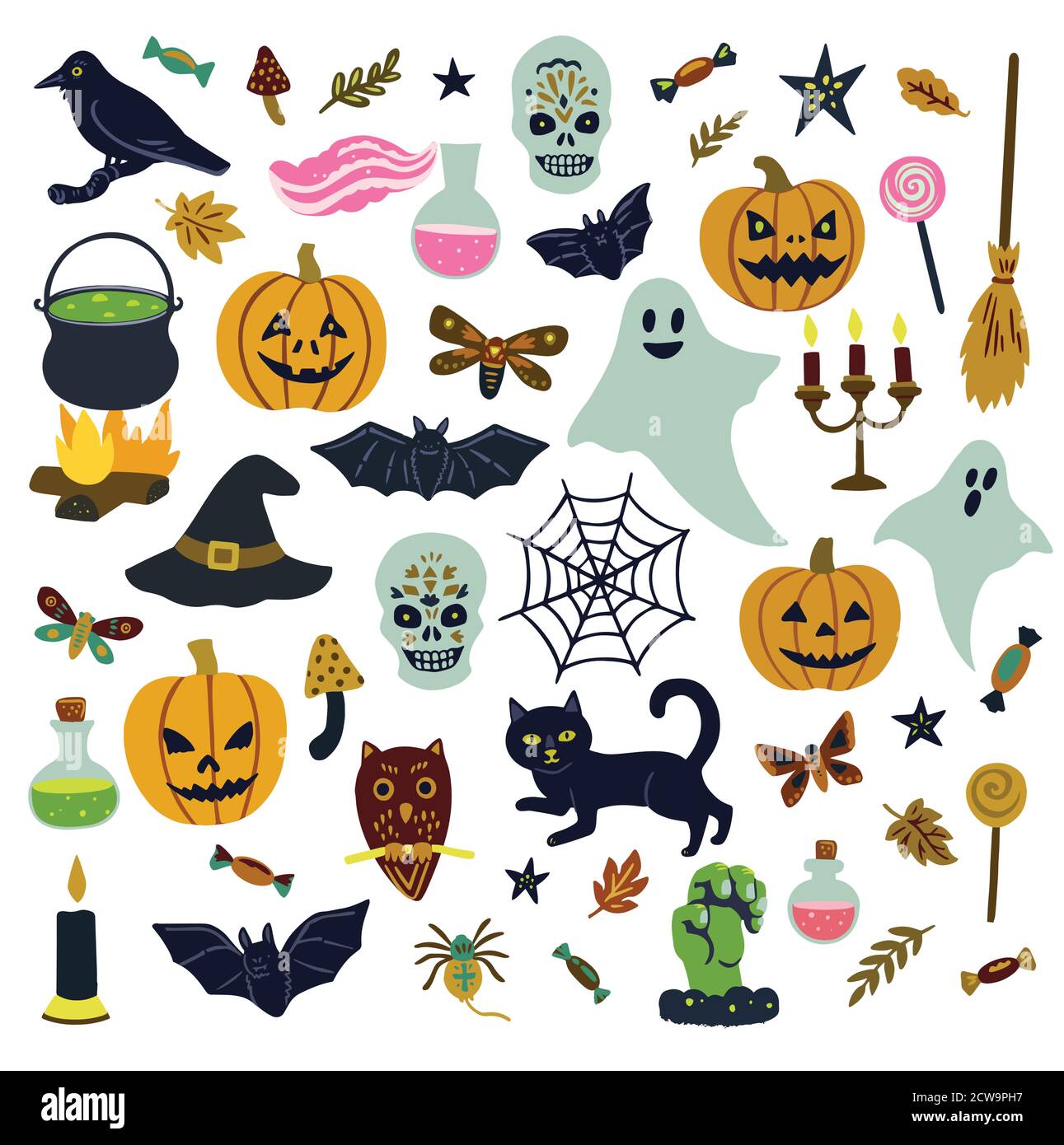 Big set of cute Halloween clip art. Angry pumpkins, bats and other elements and animals. Stock Vector