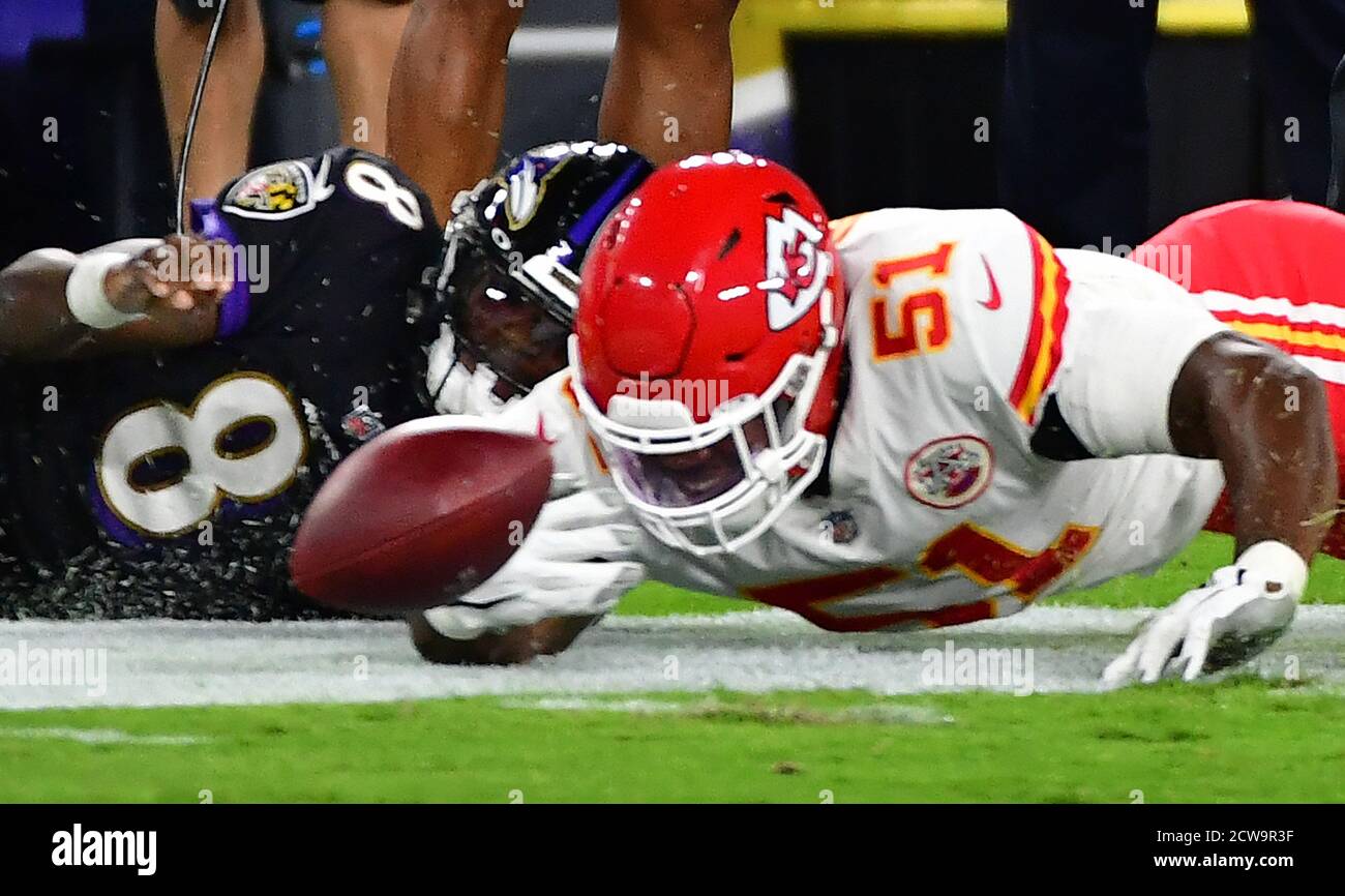 Baltimore, United States. 29th Sep, 2020. Kansas City Chiefs defensive end Michael Danna (51) is unable to gain possession of the fumble by Baltimore Ravens quarterback Lamar Jackson (8) during the first half of an NFL football game at M&T Bank Stadium in Baltimore, Maryland, on Monday, September 28, 2020. Photo by David Tulis/UPI Credit: UPI/Alamy Live News Stock Photo