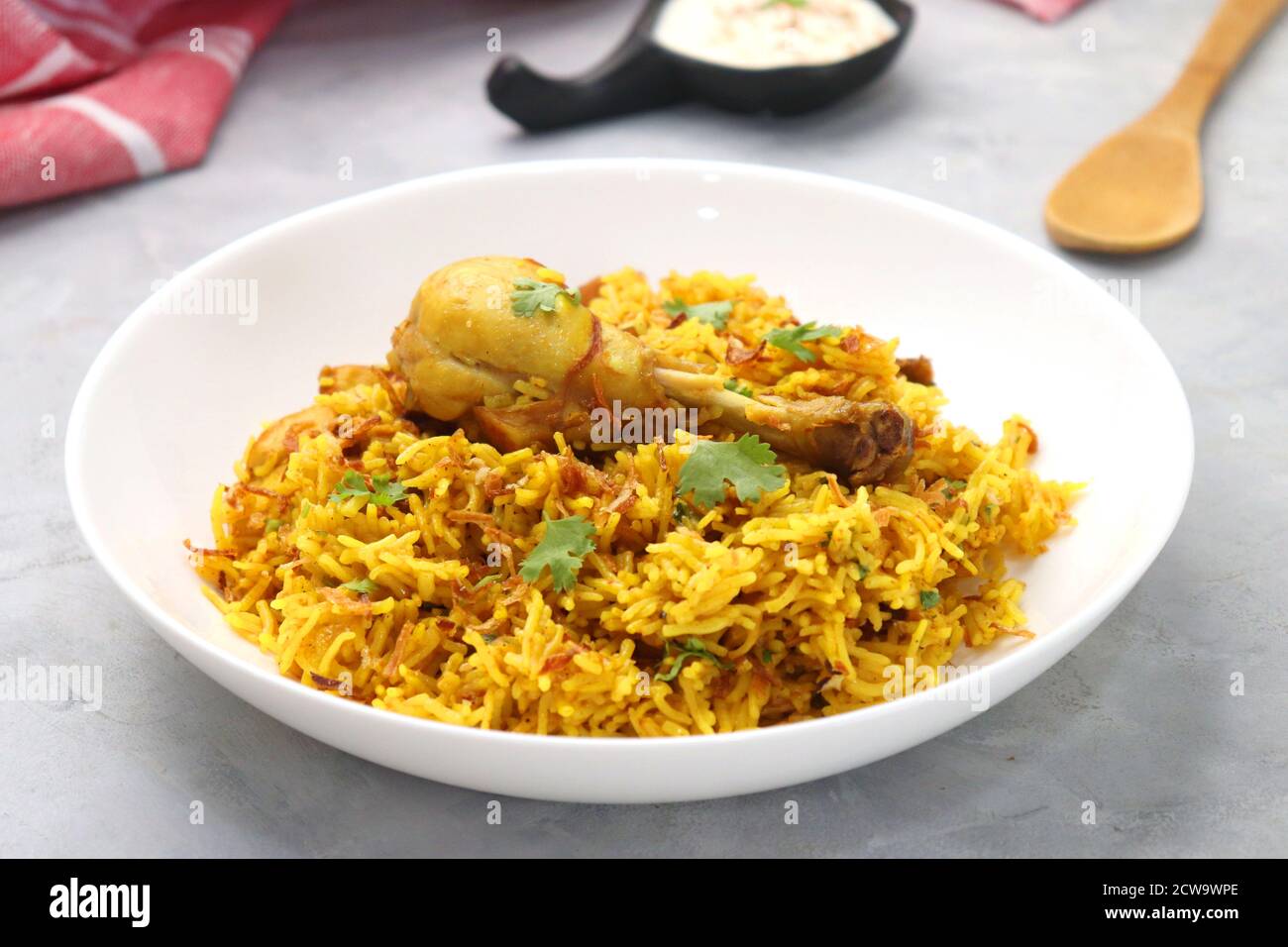 Chicken Biryani, Chicken Pulav. Garnished with fried onion & coriander