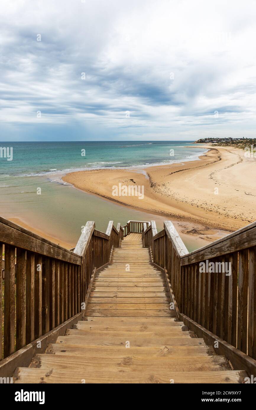The iconic Southport staircase and boardwalk on an overcast day located in Port Noarlunga South Australia on September 29 2020 Stock Photo