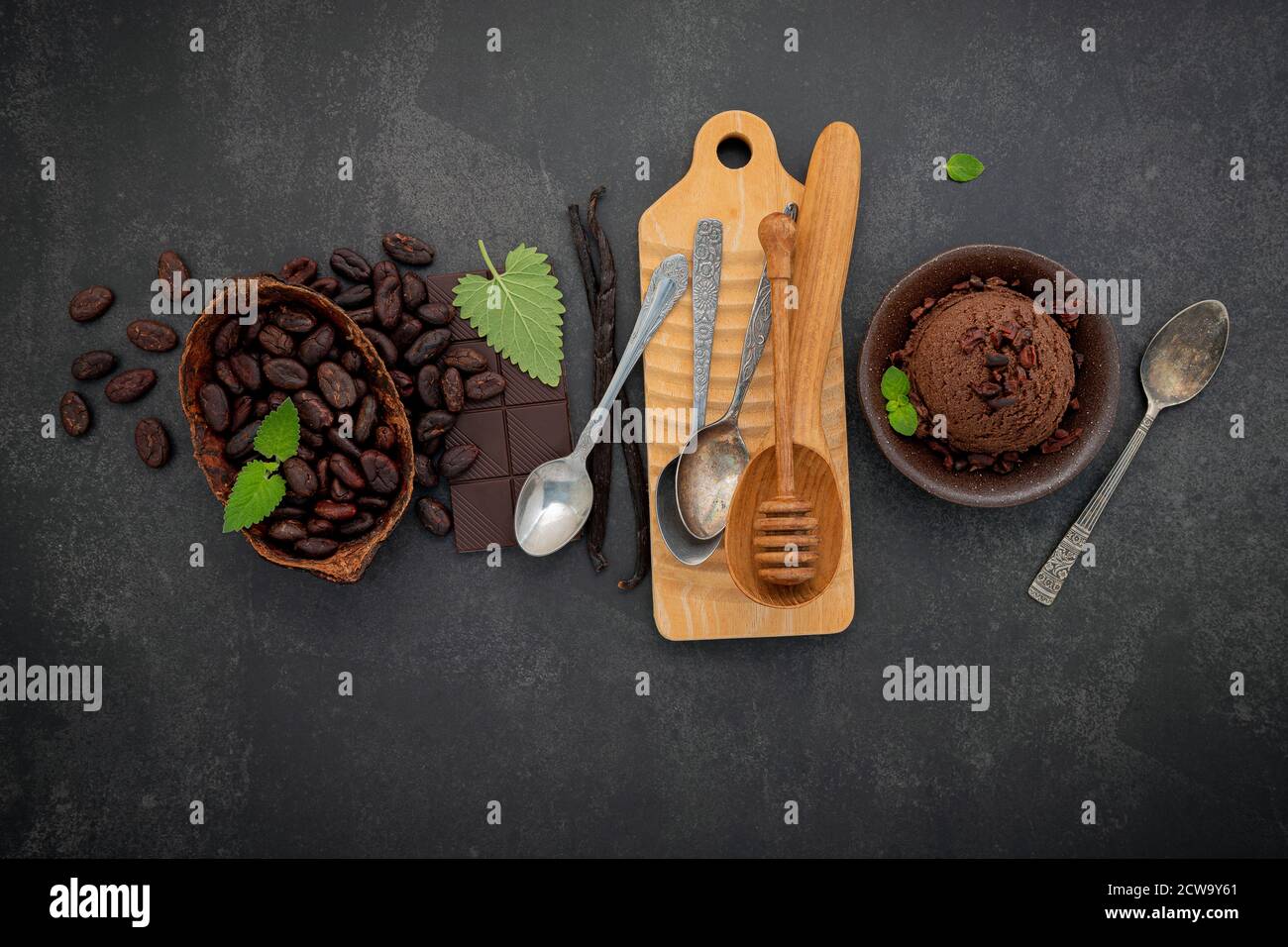 Chocolate ice cream flavours in bowl with dark chocolate and cacao nibs