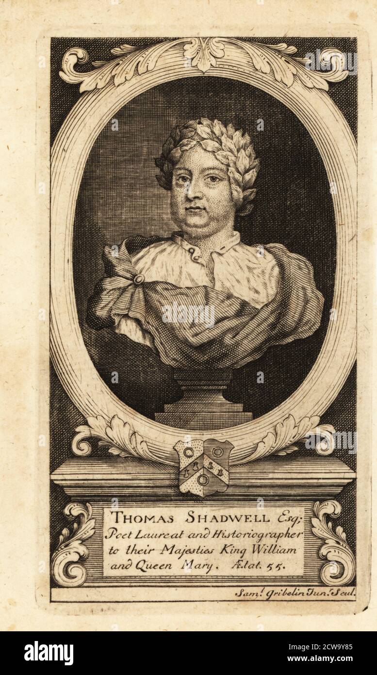 Thomas Shadwell (1642-1692), poet laureate and historiographer to their majesties King William and Queen Mary, at age 55. Author of Restoration plays such as The Libertine, The Lancashire Witches, etc. Bust of the poet with a crown of laurel leaves and coat of arms. Oval portrait copperplate engraving by Samuel Gribelin Jr. published in London, 1790s. Stock Photo