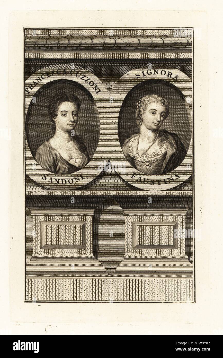 Francesca Cuzzoni (1696-1778), Italian soprano, and Faustina Bordoni (1697-1781), Italian mezzo soprano. When they appeared together in Giovanni Bononcini’s Astianatte at the King’s Theatre, Haymarket, London, in 1727, a riot occurred between their rival fans. Copperplate engraving after portraits by Enoch Seeman (Cuzzoni) and Rosalba Carriera (Bordoni) published in London, 1790s. Stock Photo