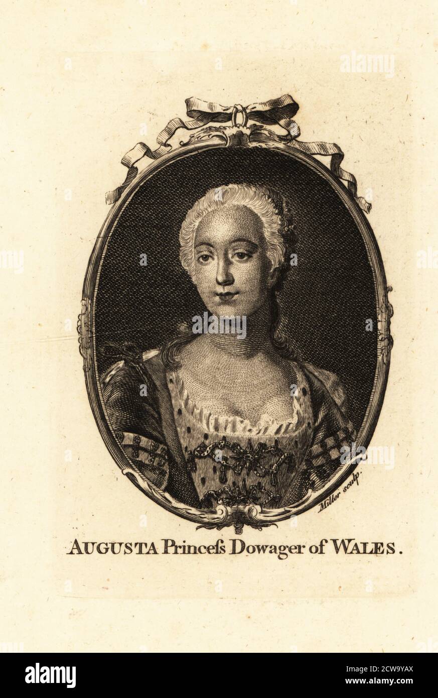Princess Augusta of Saxe-Gotha-Altenburg (1719-1772), Princess of Wales and later Dowager Princess of Wales, mother of King George III. Oval portrait copperplate engraving by John Sebastian Miller after a painting by an unknown artist, published in London, 1790s. Stock Photo