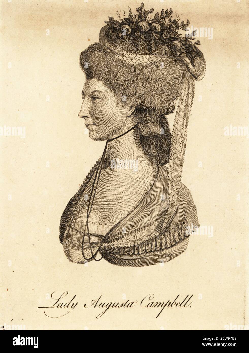 Lady Augusta Campbell (1760 - 1831), daughter of John Campbell , 5th Duke of Argyll, wife of notorious gambler Colonel Henry Mordaunt Clavering. With ribbon and garland of flowers in her hair, choker necklace, fichu and shawl. Copperplate engraving by unknown artist published for the London Magazine, June 1782. Stock Photo