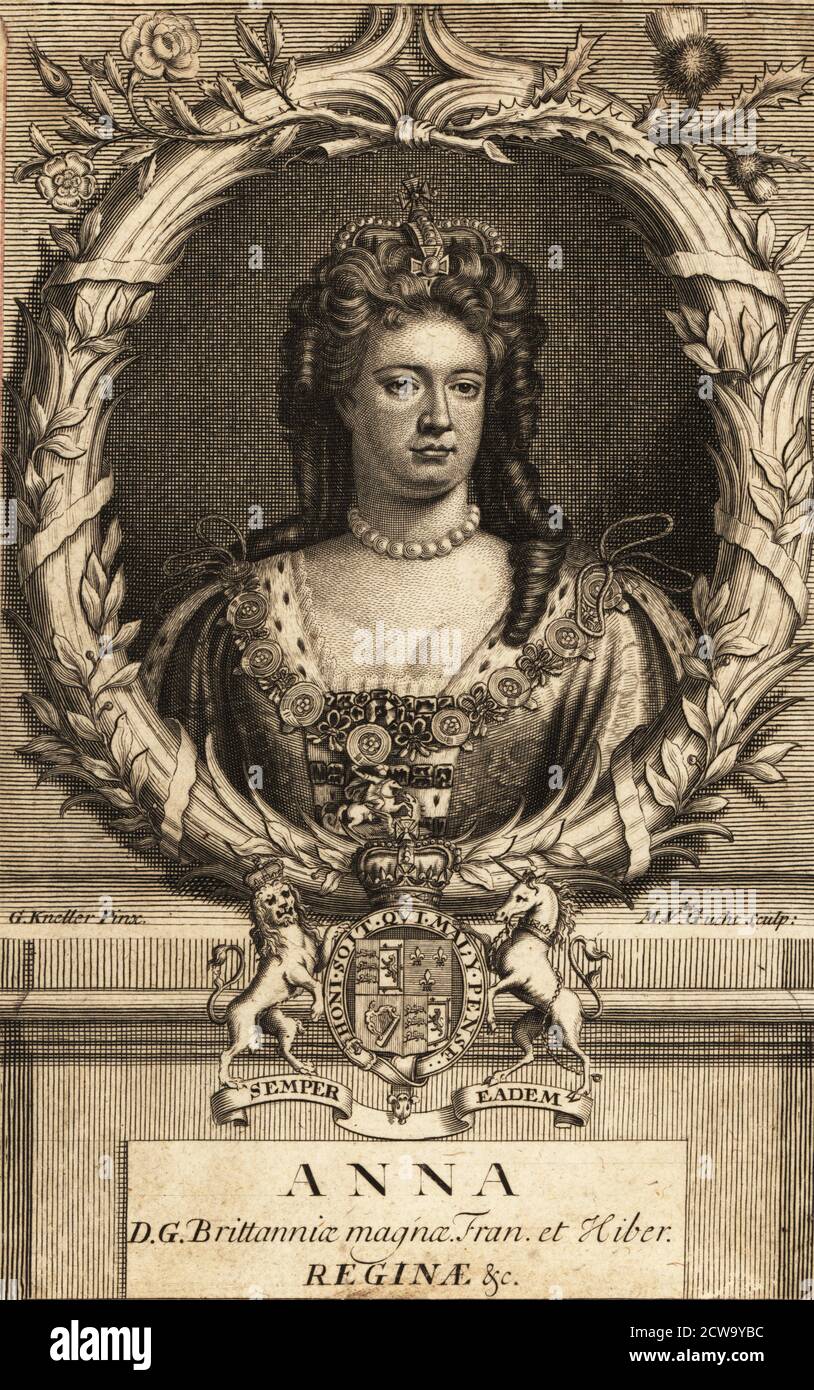 Anne (1665-1714), Queen of England, Scotland and Ireland, later Great Britain. In pearl necklace, cape and dress with ermine trim, chain with St. George medal, coat of arms. In oval frame decorated with English roses and Scottish thistles. Anna, D.G. Brittannia magna. Fran. et Hiber. Reginae &c. Copperplate engraving by Gerard Vandergucht after a painting by Sir Godfrey Kneller, published London, 18th century. Stock Photo