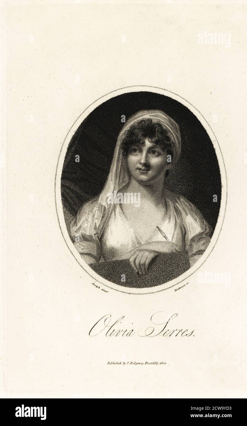 Olivia Serres (1772-1834), English painter and writer, also famous as an impostor and pretender to the title of Princess Olive of Cumberland. Depicted in veil and dress, holding a paint brush and portfolio. Oval portrait copperplate engraving by Mackenzie, after a painting by George Francis Joseph, published by J. Ridgeway, London, 1805. Stock Photo
