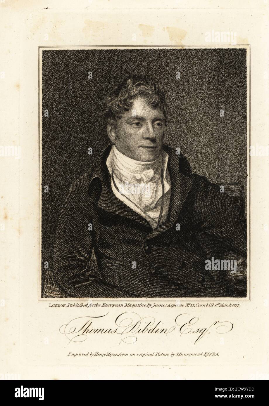 Thomas John Dibdin (1771-1841), English dramatist and songwriter of The Oak Table and The Snug Little Island. Depicted in high-collar coat and cravat. Thomas Dibdin Esquire. Copperplate engraving by Henry Meyer after an original painting by Samuel Drummond published in the European Magazine, James Asperne, 32 Cornhill, London, 1817. Stock Photo