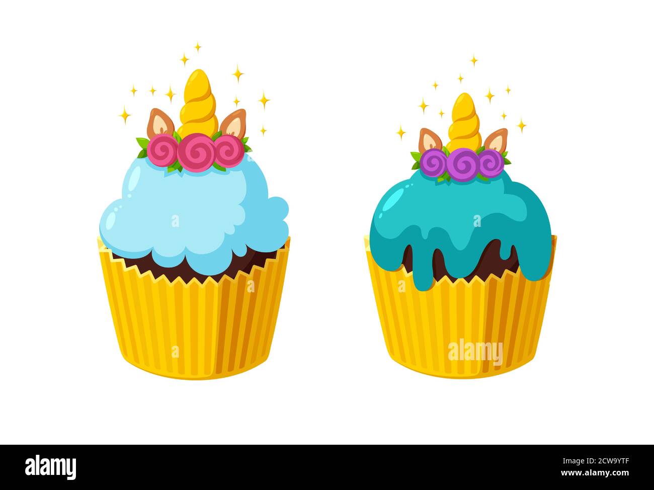 Unicorn Cupcakes With Shiny Icing Fairy Cakes In Paper Cup Tasty Desserts With Horn Vector Illustration In Cute Cartoon Style Stock Vector Image Art Alamy