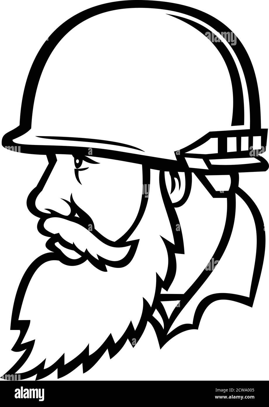 Mascot illustration of head of a Vietnam war American soldier wearing combat helmet with full beard looking to side viewed from   side on isolated bac Stock Vector