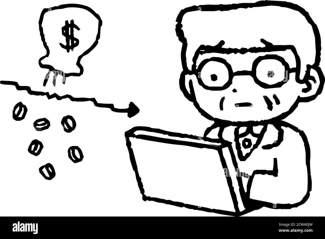 This is a illustration of Monochrome Old man losing money on investment Stock Vector