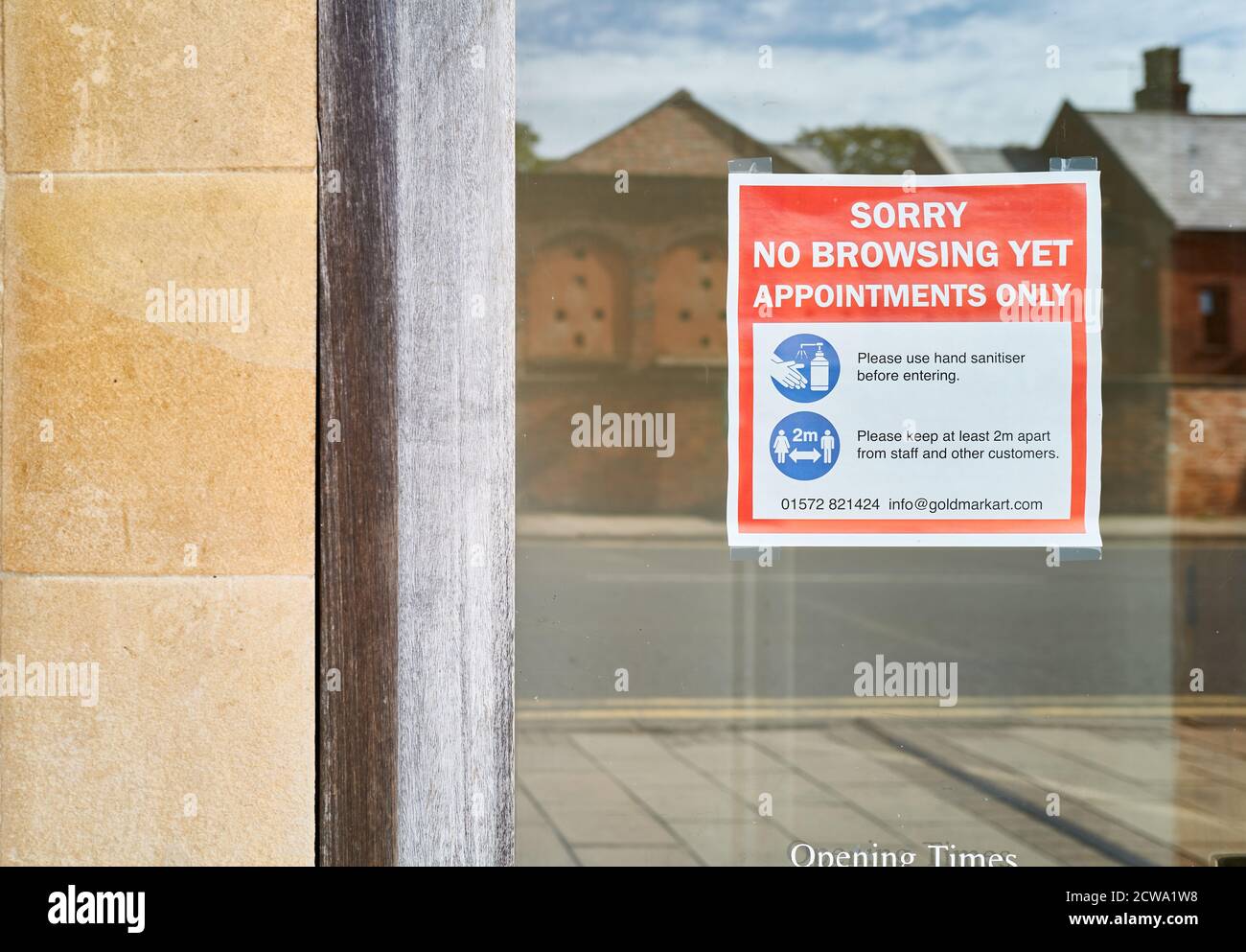 A shop in the market town of Uppingham, Rutland, England, open only to appointments during the coronavirus epidemic, September 2020. Stock Photo
