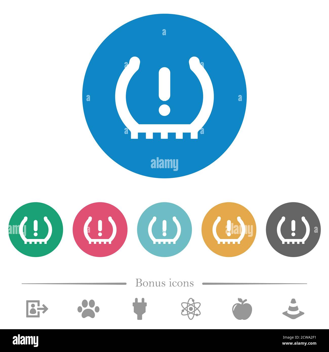 Car tire pressure warning indicator flat white icons on round color backgrounds. 6 bonus icons