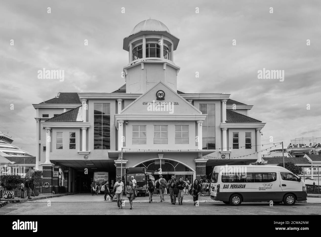 George Town, Malaysia - December 1, 2019: The Swettenham Pier in George Town, Penang, Malaysia. Black and white. Established in 1904, it is the busies Stock Photo