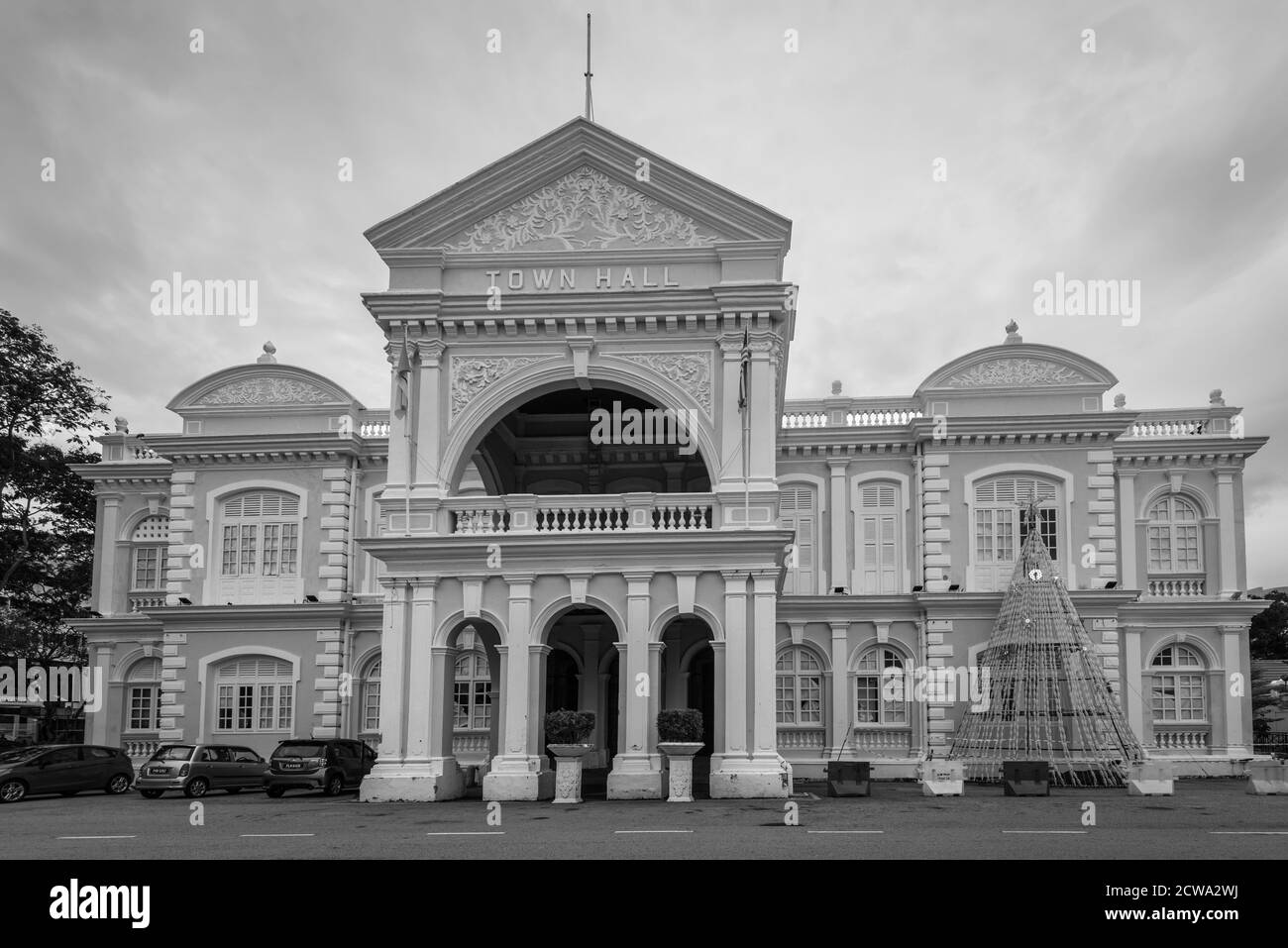 George Town, Penang, Malaysia - December 1, 2019: The Town Hall in George Town, Penang, Malaysia. Black and white retro style. British built historica Stock Photo