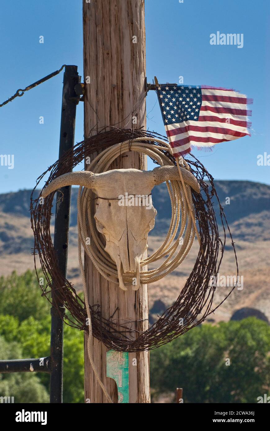 Coil of barbed wire, lasso, bull skull and frayed US flag at ranch gate post in Succor Creek Valley, High Desert Region, Oregon, USA Stock Photo