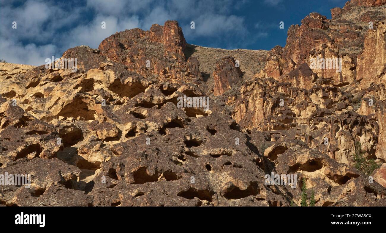 Volcanic rhyolite rock formations in Leslie Gulch near Owyhee Lake, Mahogany Mountain Caldera, High Desert Region, Oregon, USA Stock Photo