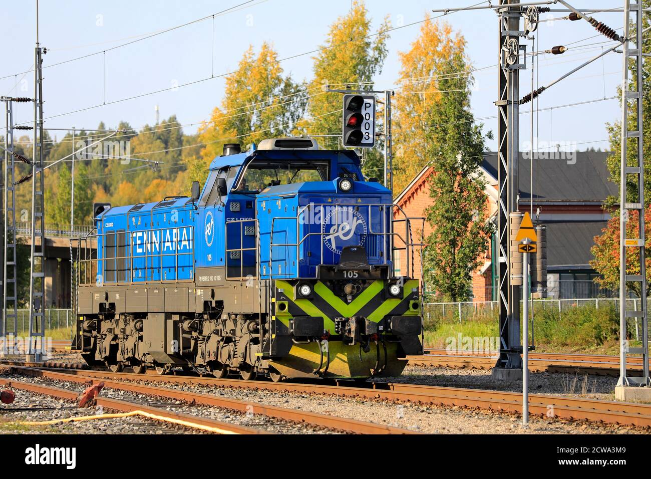 Fenniarail Class Dr18 No. 105, CZ Loco built diesel-electric locomotive of Finnish company Fenniarail Oy arriving in Salo, Finland. Sept 27, 2020. Stock Photo