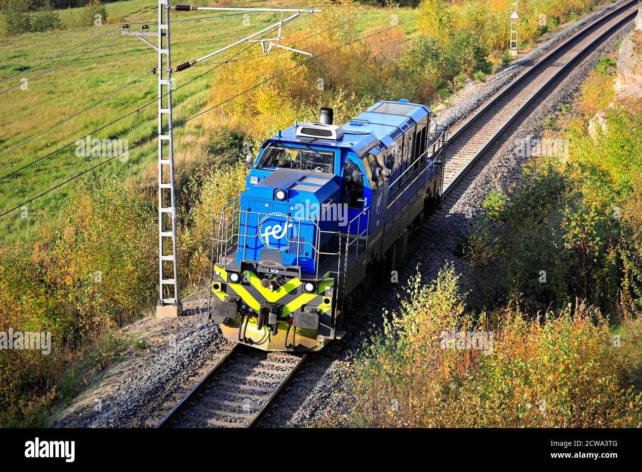 Fenniarail Class Dr18 No. 105, CZ Loco built diesel-electric locomotive of Fenniarail Oy at speed after departing Salo, Finland. September 27, 2020. Stock Photo