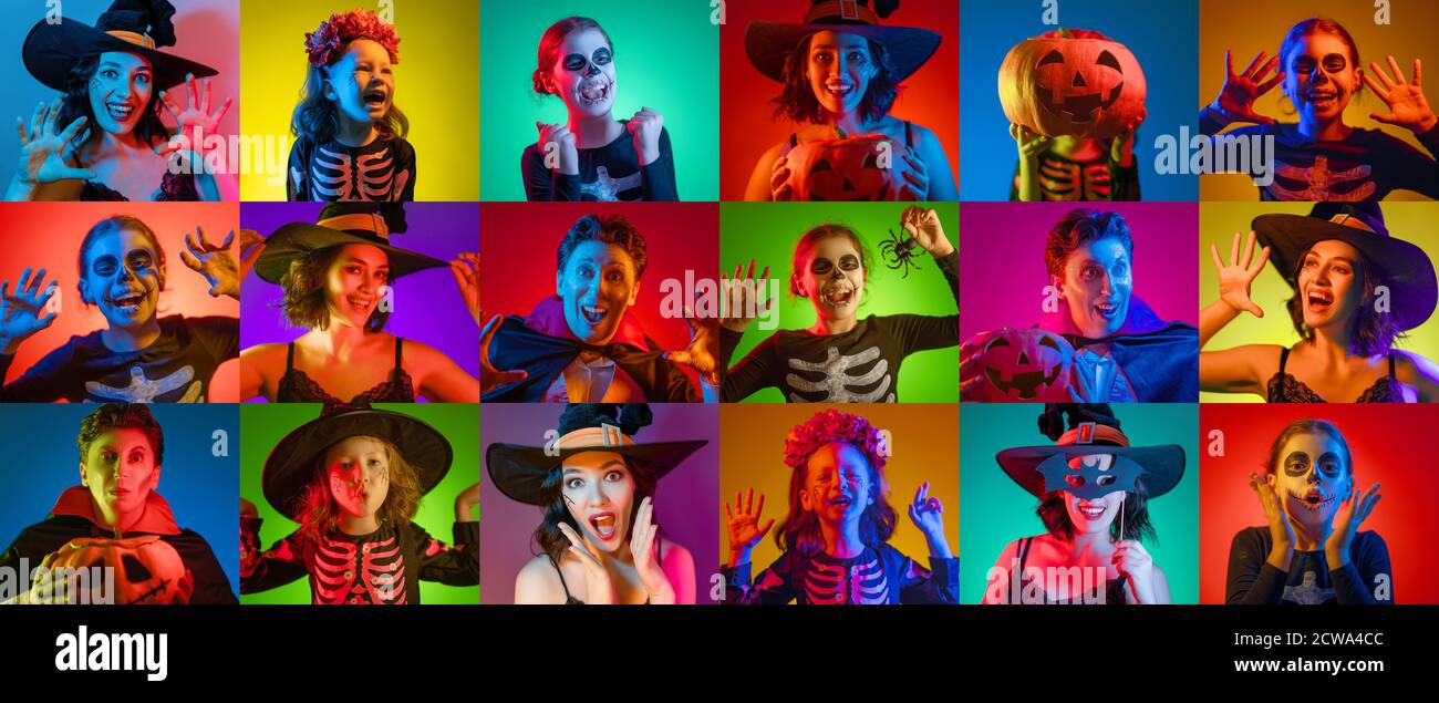 Happy Halloween! Collage of portraits people in carnival costumes at ...
