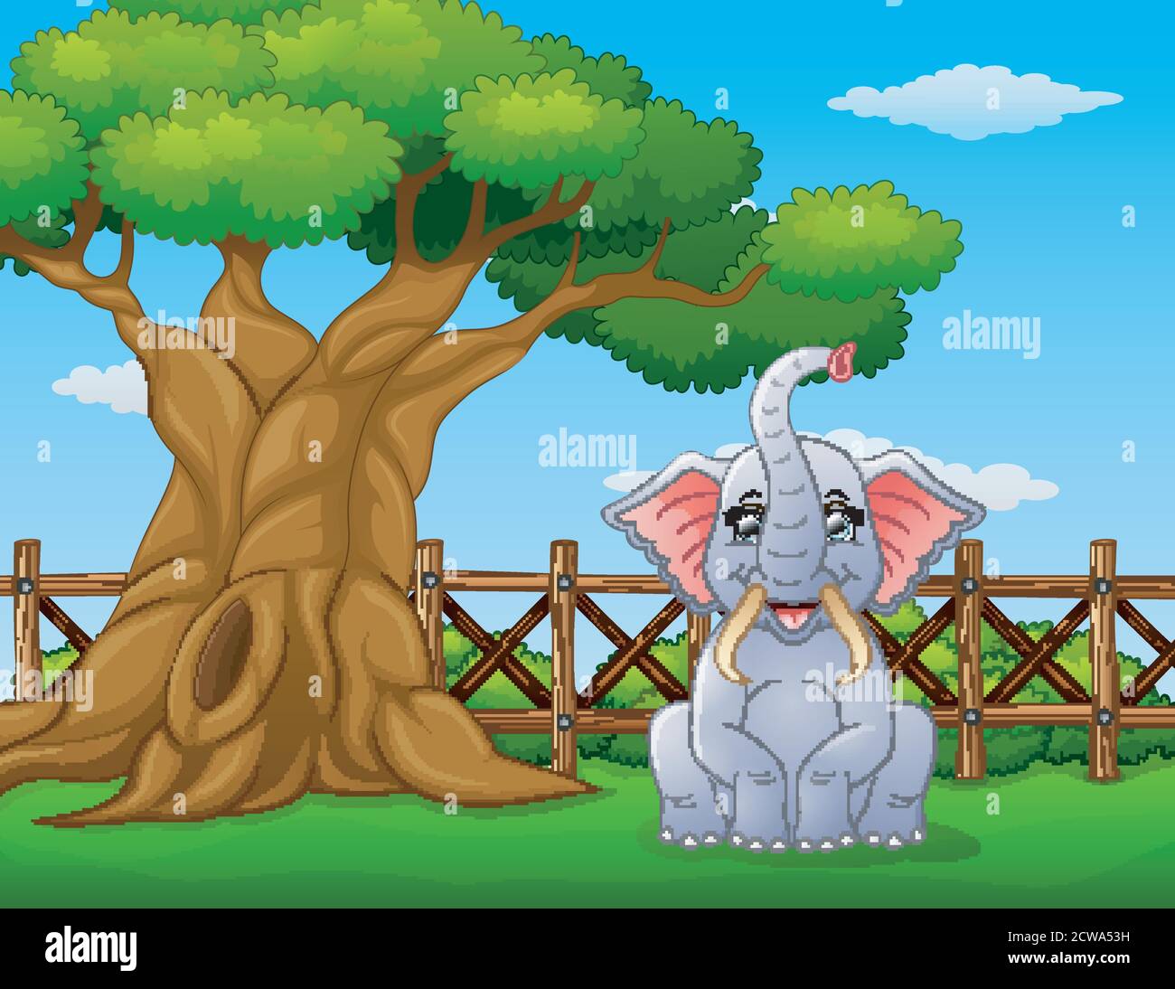 Vector illustration of Animal elephant beside a tree inside the fence