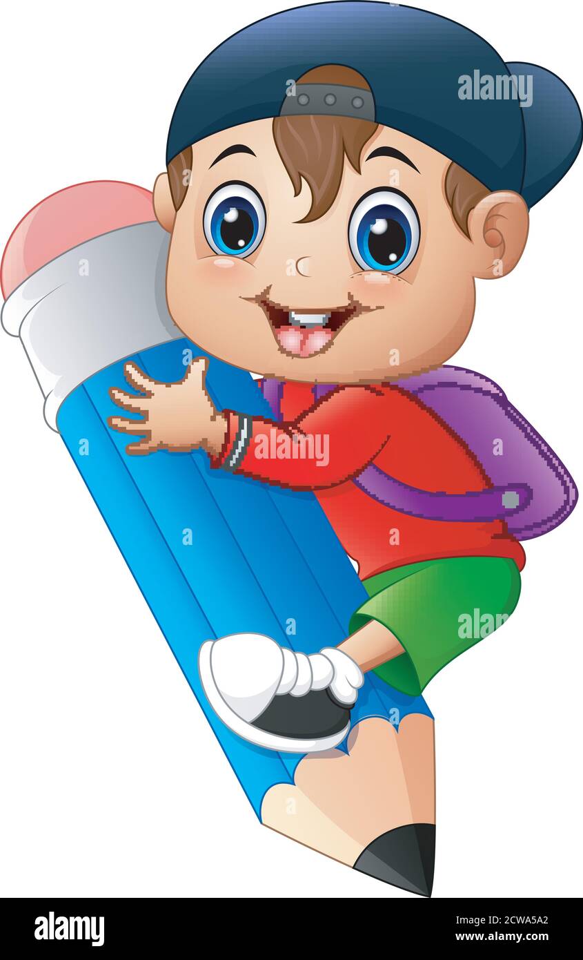 Vector illustration of Little boy holding large pencil Stock Vector ...