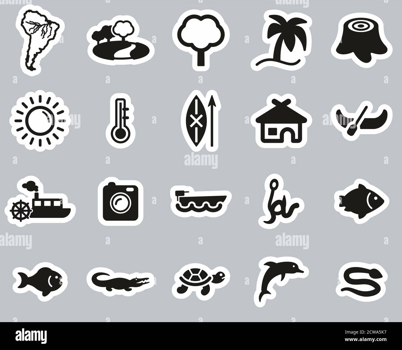 Amazon Rainforest Icons Black & White Sticker Set Big Stock Vector