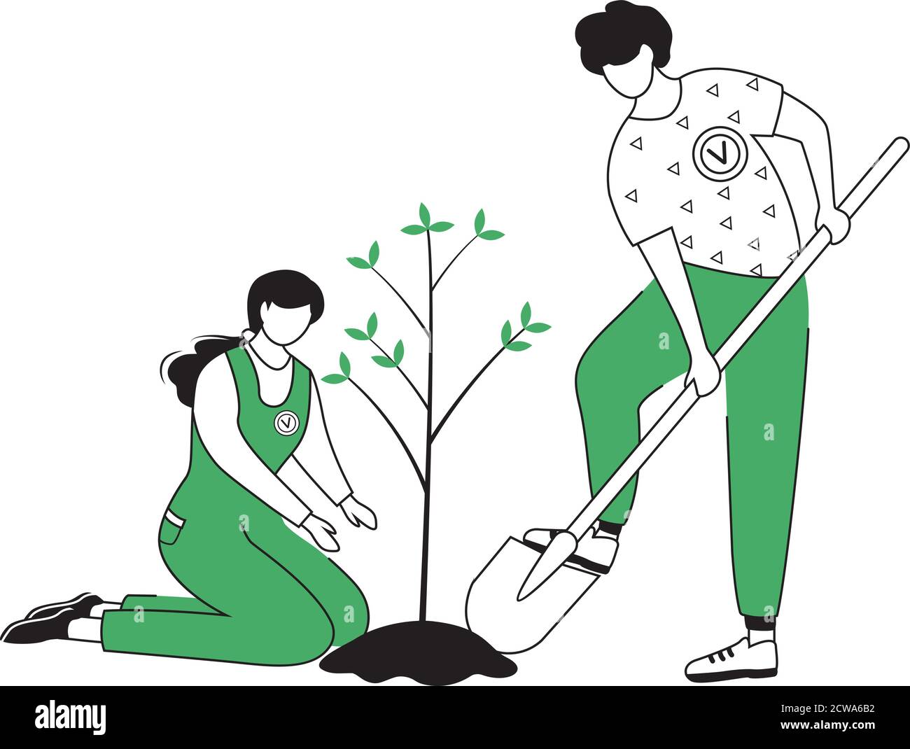 People planting tree flat contour vector illustration Stock Vector