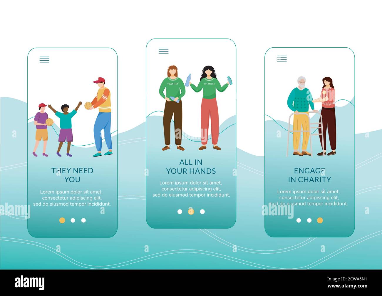 Charity activities onboarding mobile app screen vector template Stock Vector