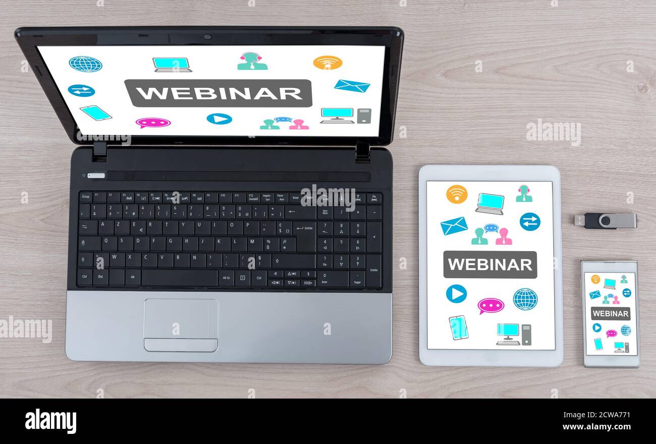 Webinar concept shown on different information technology devices Stock Photo